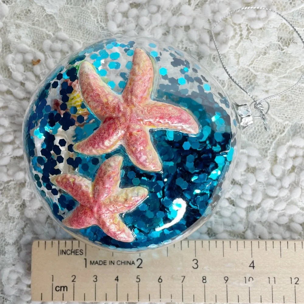 Pottery Barn Glass Starfish And Seashells With Blue Glitter Ornament Coastal